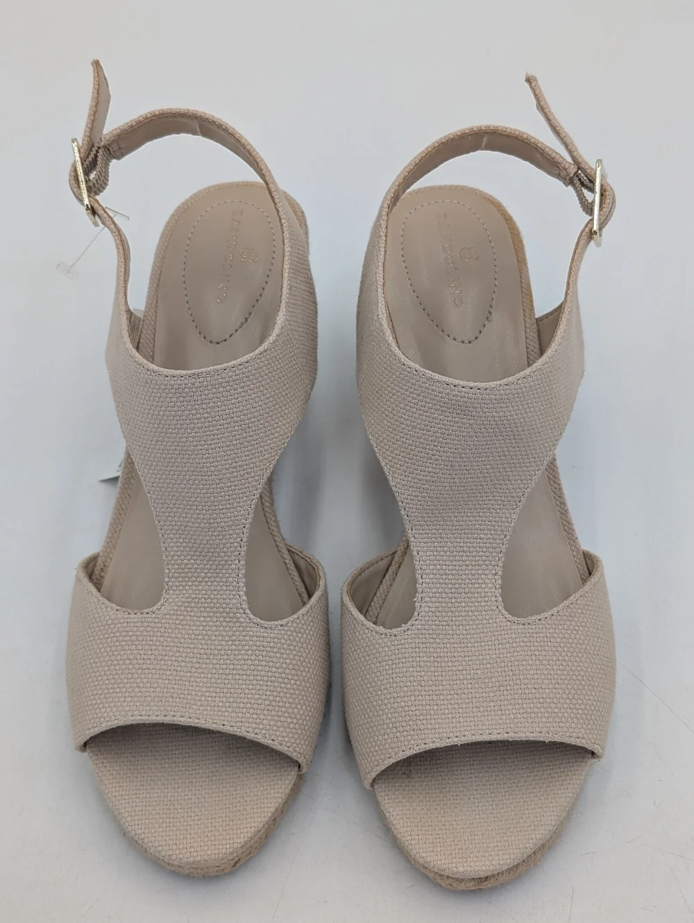 NWT Bandolino Sz 8 Neutral Tan Espadrille Wedge Gold Color Buckle Ankle Straps